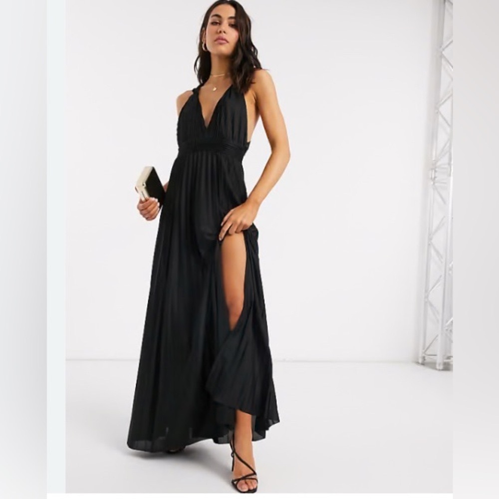 ASOS black plunge neck pleated maxi